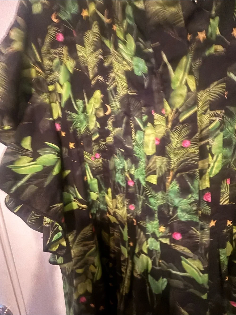 Cynthia Rowley Black Maxi Dress with Green Botanical Print and Pink Accents